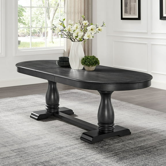 Dining Table, Extendable Solid Rubber Wood and MDF Mid Century Modern Kitchen Table, 76 to 94 Inch Expandable Curved Large Dining Table for 6-8 Persons, Dark Oak, Living Room Restaurant