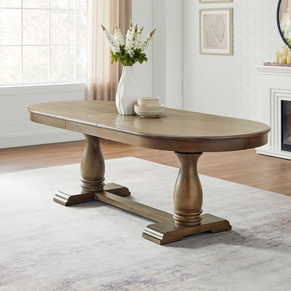 Dining Table, Extendable Solid Rubber Wood and MDF Mid Century Modern Large Kitchen Table, Curved Edge, White Oak, 76" to 94" Long, Pedestal Base for Living Room and Restaurant