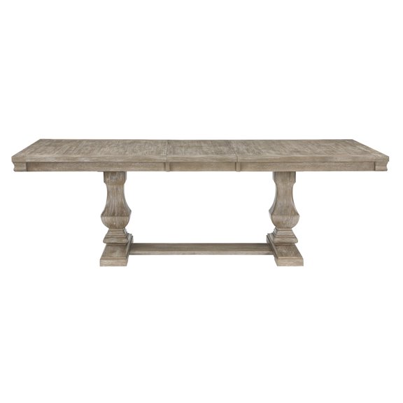 Dining Table with Extension Leaf, Traditional Oak Wood Rectangular Pedestal Table, Seats 8, Wire-Brushed Brownish Gray Finish, 40" x 76.5"-94.5" for Dining Room and Kitchen