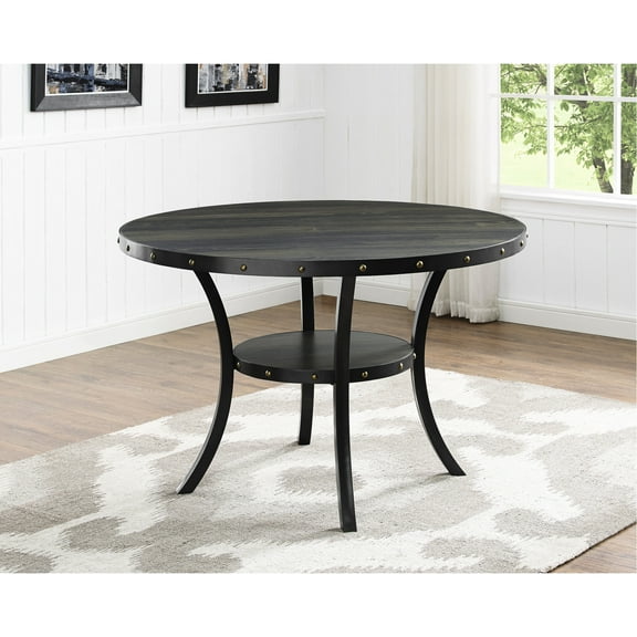 Dining Table, Finish, Contemporary Round Wood With Metal Construction, Coffee Bean Top, 48" X 31"h, Storage Available Below Modern Option Beneath