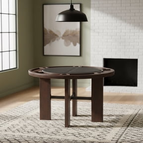 Dining Table and Game Table, 48-Inch Round Wood Table with Black Faux Leather Insert, Drink Holders and Chip Tray, Rustic Walnut Finish, Scandinavian Style for Dining Room or Game Room