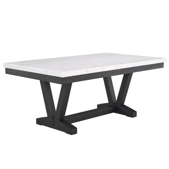 Dining Table, Genuine White Marble Rectangular Table Top with Black Finish Wooden Trestle Base, Seats 6, 72" L x 42" W x 30" H, Transitional Modern Style for Dining Room Space