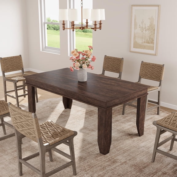 Dining Table, Kitchen Table for 4-6 People, 63-Inch Farmhouse Rectangular Table, Dark Walnut Non-Extendable Wood Grain Top with V-Shaped MDF Legs for Dining Room, Home Office, 63"
