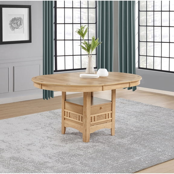 Dining Table, Light Oak Wood Extension Leaf Table with Pedestal Base, Storage Shelf and Hidden Cabinet, Round to Oval Convertible, 60-inch, for Kitchen and Dining Room, Seats 4