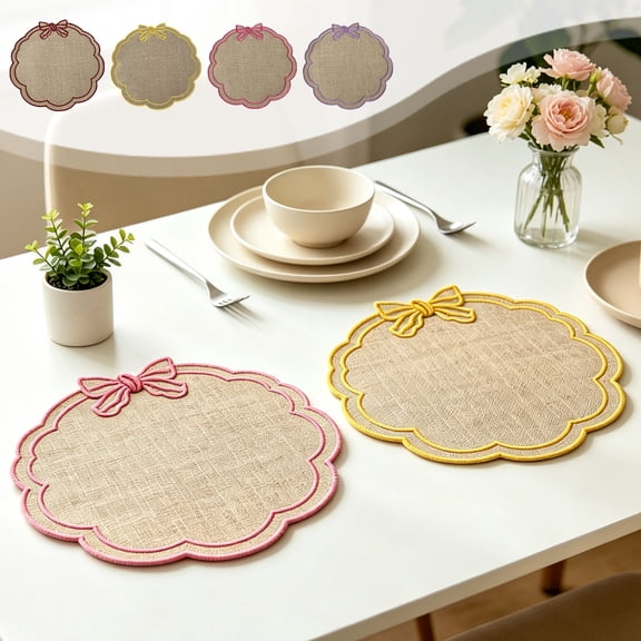 Dining Table Linens,Linen Placemats,Embroidery Flower Bow Heat Resistant Washable Square Table Pad for Farmhouse Kitchen Daily Party Decor(Pink,15in)