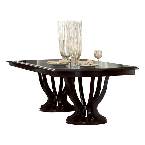 Dining Table, Maple Veneer Wood Double Pedestal Table with Extension Leaf, Rectangular Birdcage Base, Espresso Finish, 45.5" x 84"-106.5" x 30.5"H, Seats 6, Contemporary Style