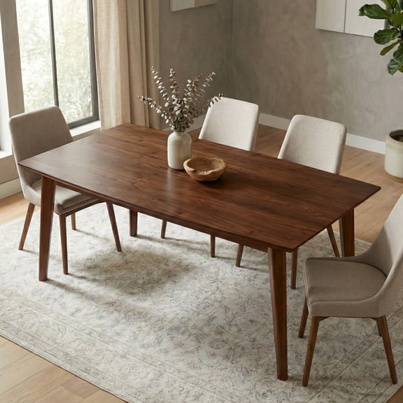 Dining Table, Mid-Century Modern Solid Wood Walnut Veneer, 66 x 40 Inches Rectangular Boat-Shaped Tabletop with Tapered Rubberwood Legs, Dark Brown Finish for Dining Room or Office