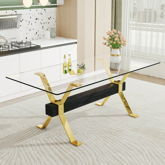 Dining Table. Modern Tempered Glass Dining Table. Large Modern Office Desk With Gold Plated Metal Legs And Mdf Crossbars, Suitable For Both Home And Office Use. Kitchen. 79 "X39"X30 " 1105 66023