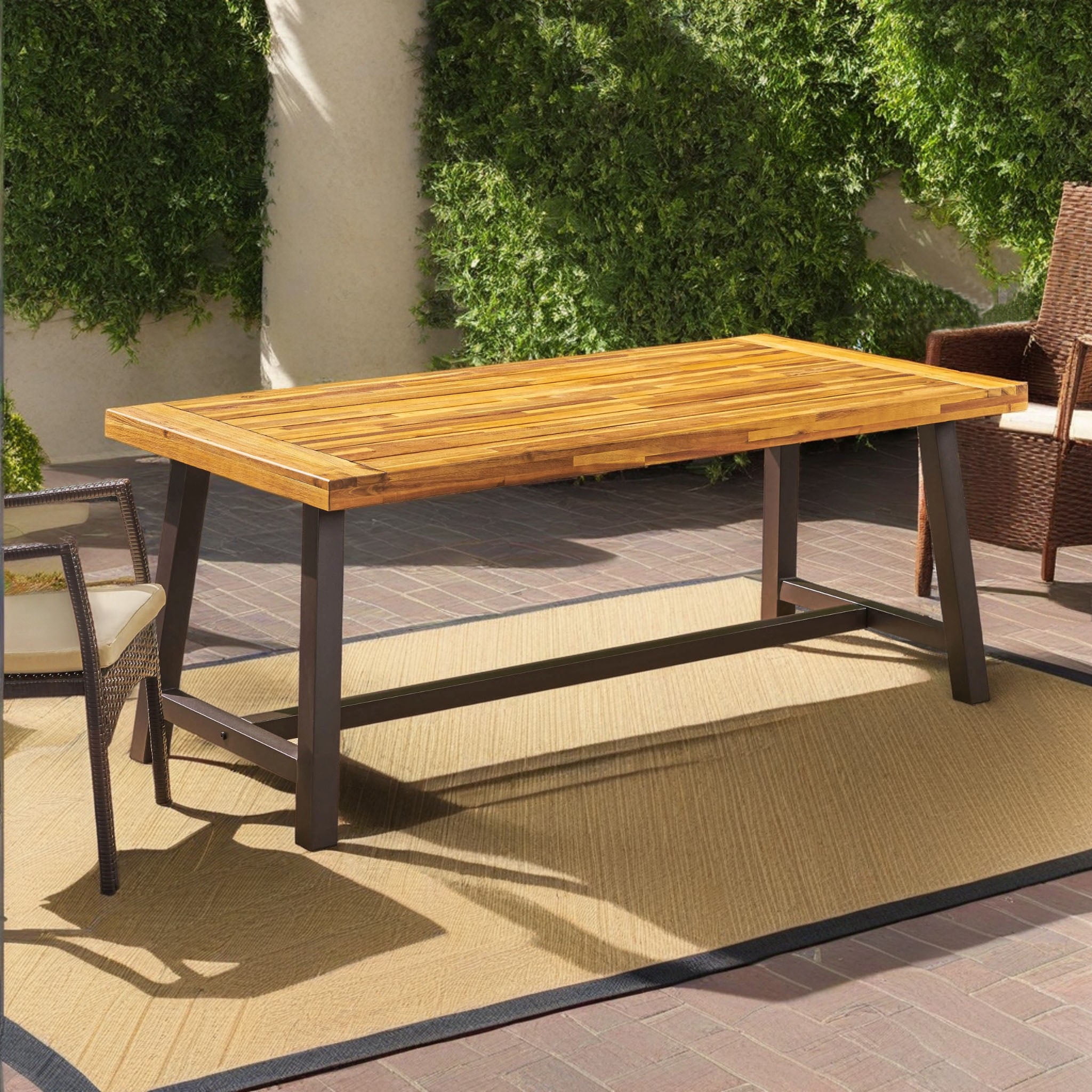 Dining Table, Outdoor Carlie Sandblast Finished Dining Table with Rustic Metal Legs for Patio Garden, Natural