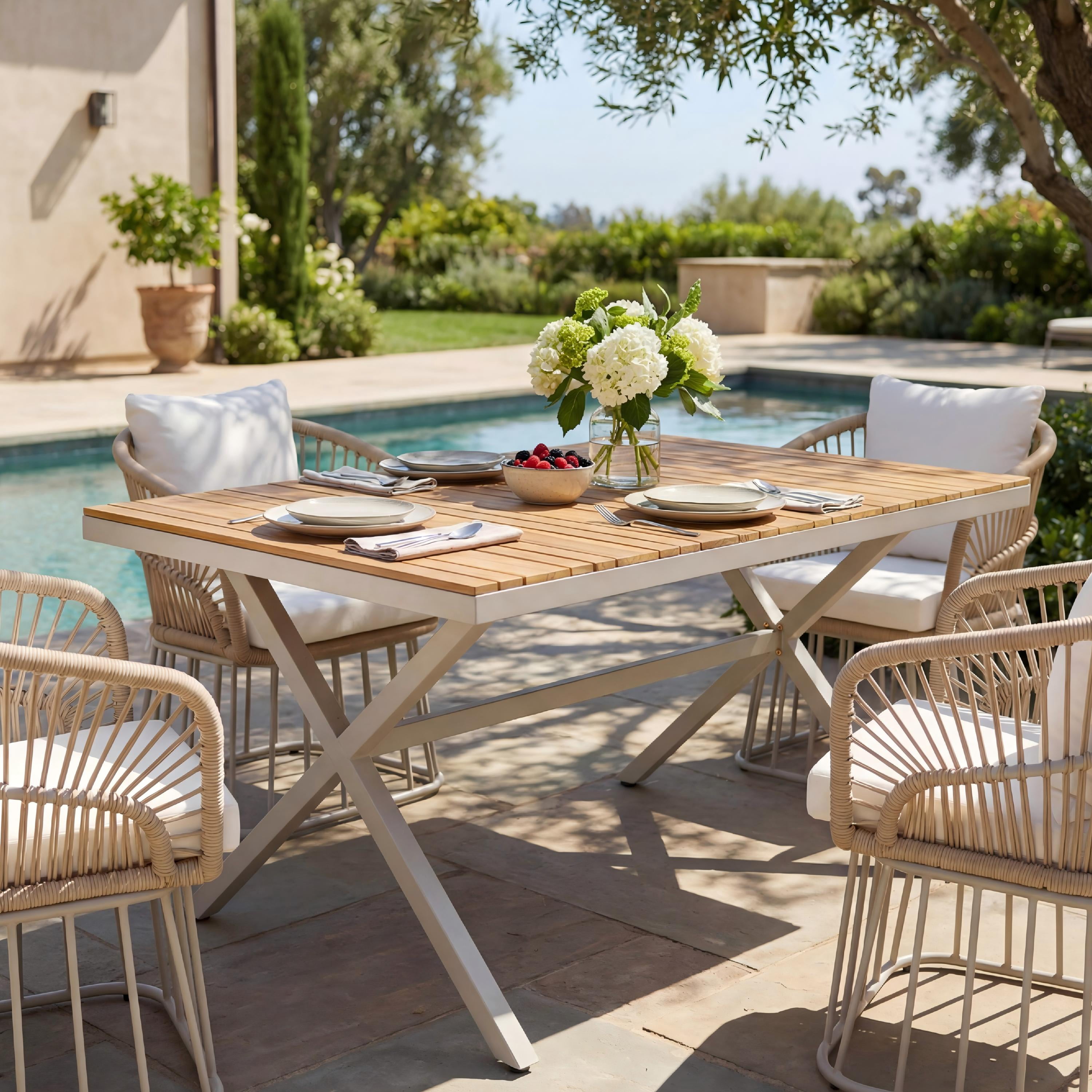 Dining Table, Outdoor Teak Wood Top Table with Beige Steel Frame for Backyard Garden Deck, Teak