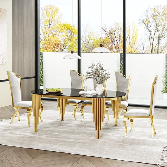 Dining Table, Oval Black Tempered Glass Top with Gold Stainless Steel Legs, Modern 70.08" x 34.65" x 29.53" Large Dinner Table for 6-8 People, Luxury Style for Dining Room and Cafe