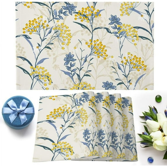 Dining Table Placemats Set Of 6(Cotton Linen),Vintage Floral Plant,Heat Resistant Non-Slip Table Mats,Yellow Blue,Indoor Outdoor Table Placemat for Holiday Banquet Kitchen Table Decor,Machine Washable