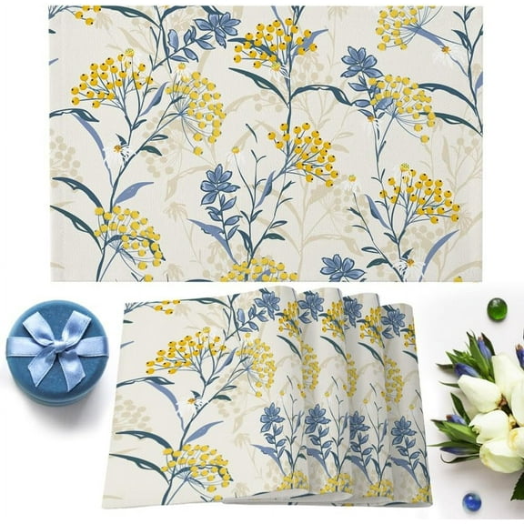 Dining Table Placemats Set Of 6(Cotton Linen),Vintage Floral Plant,Heat Resistant Non-Slip Table Mats,Yellow Blue,Indoor Outdoor Table Placemat for Holiday Banquet Kitchen Table Decor,Machine Washable