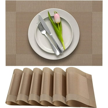 Dining Table Placemats, Washable Heat-Resistant PVC Vinyl Table Mats for Dining Room and Kitchen, Anti-Slip - Set of 6 - Light Brown