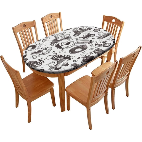 Dining Table Protective Cover, Cartoon Motorcycle Pattern Printed on Table Cloth with Elastic Fitted Edges, Table Protectors Pads for Dining Room Table, Fits for 48" x 68" Oval Table