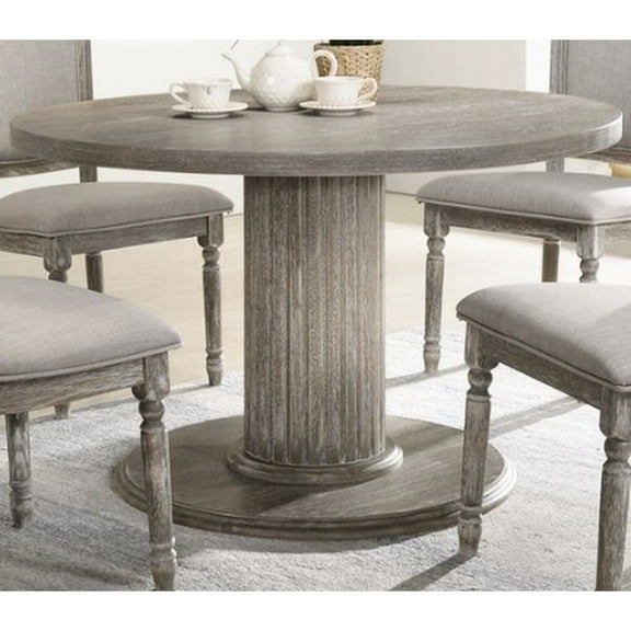 Dining Table In Reclaimed Gray, Classic Round For Intimate Gatherings And Celebrations, Construction With 2-inch Thick Wood, Solid Rubberwood Oak Veneer Composite Board, Elegant Fluted Pedestal