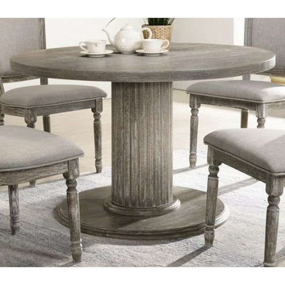 Dining Table In Reclaimed Gray, Classic Round For Intimate Gatherings And Socializing, Construction With 2-inch Thick Wood, Solid Rubberwood Oak Veneer Composite Board, Elegant Fluted Pedestal,