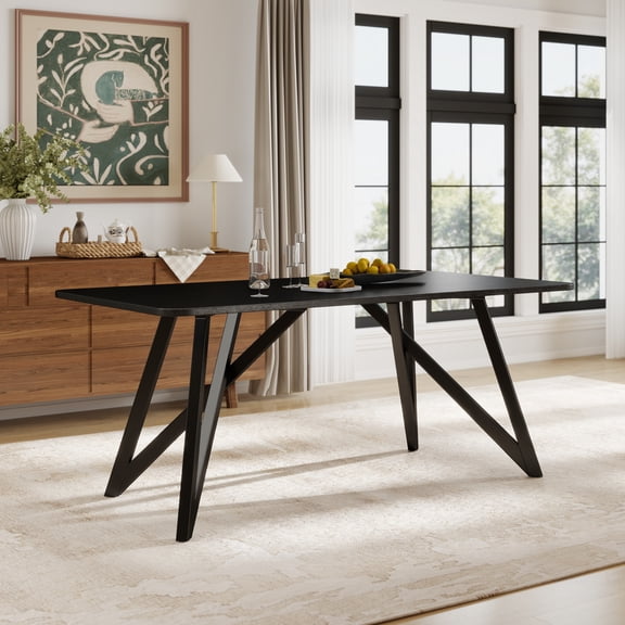 Dining Table, Rectangular MDF and Solid Rubber Wood Construction with Artistic Tripod-Cross Legs, 70W x 36D x 30H Inches, Black Finish for Modern Dining Room, Seats Up to Six People