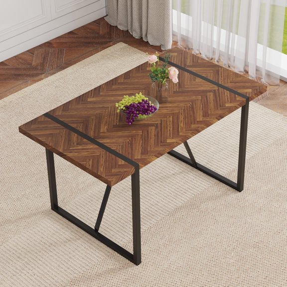 Dining Table, Rectangular MDF Wood with Fishbone Pattern Textured Top and Black Metal Legs, 55" x 31.4" x 30", Retro Minimalist Style for Dining Room and Kitchen, Brown and Black