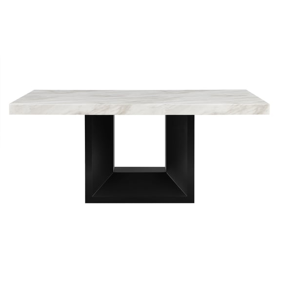 Dining Table, Rectangular Modern Pedestal Base with White Faux Marble Top, Solid Rubberwood and MDF, Seats 6, Black Lacquered Finish for Dining Room, Large Angle Cut Wood Base