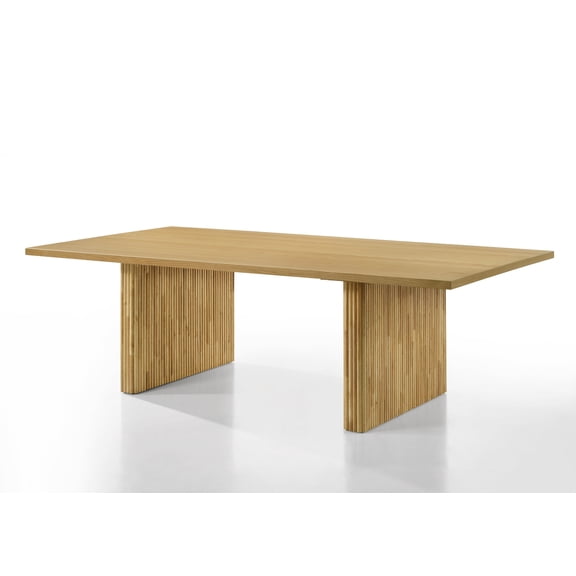 Dining Table, Rectangular Natural Finish Synthetic Wood and Oak Veneer Table with Double Pedestals and Vertical Striation Design, 37mm Thick Top for Dining Room or Kitchen