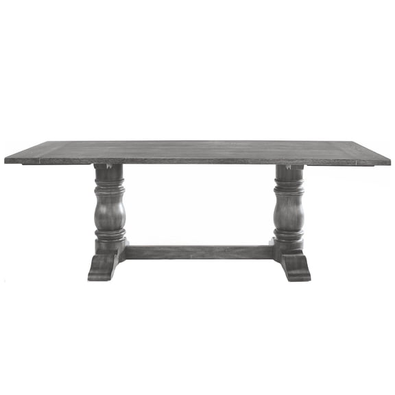 Dining Table, Rectangular Oak Veneer and Rubber Wood Trestle Table with Double Turned 8" Empire Pedestals, 70mm Thick Top, Antique Gray Finish, Seats 6 for Kitchen and Dining Room
