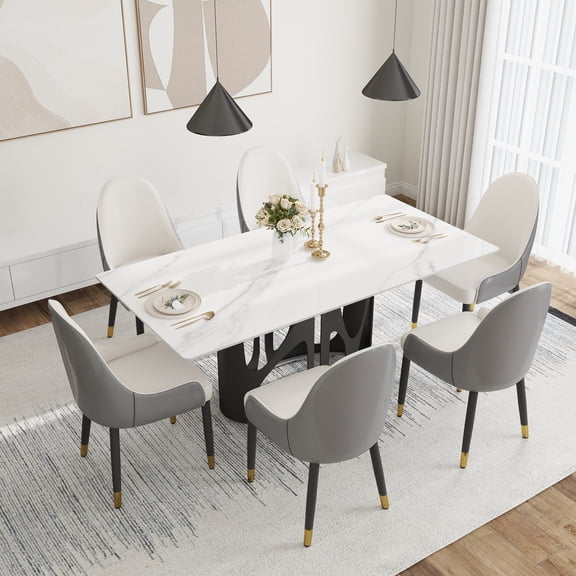 Dining Table, Rectangular Sintered Stone Tabletop with Black Iron Metal Legs, 70.87" L x 35.43" W x 29.53" H, Heat and Scratch Resistant White Surface for Dining Room, Seats 6-8 People