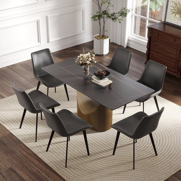 Dining Table, Rectangular Sintered Stone Top with Bronze Iron Metal Legs, Modern Black and Antique Brass Finish, 63"L x 31.5"W x 29.5"H, Seats 6-8 People for Dining Room Use