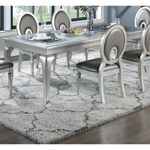 Dining Table, Rectangular Solid Wood and MDF with Glass Insert Top, Expandable 66 to 84 Inches, Silver and Champagne Hue, Traditional Italian Style for Formal Dining Room, 30"H