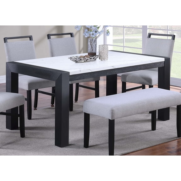 Dining Table, Rectangular White Faux Marble Top with Charcoal Rubber Wood Legs, Seats 6, Modern Two-Tone Kitchen and Dining Room Furniture, 66" x 38" x 30" H, Contemporary Style