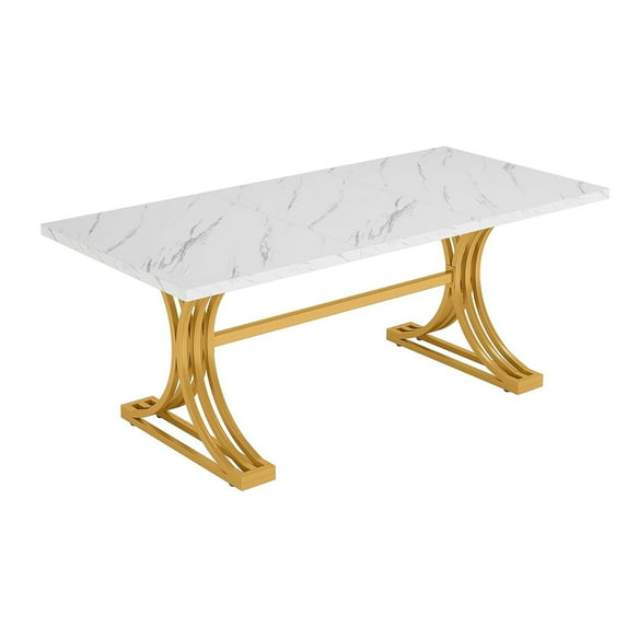 Benjara Dining Table, Rectangular White Marble Top, Gold Metal Base, 63 Inch