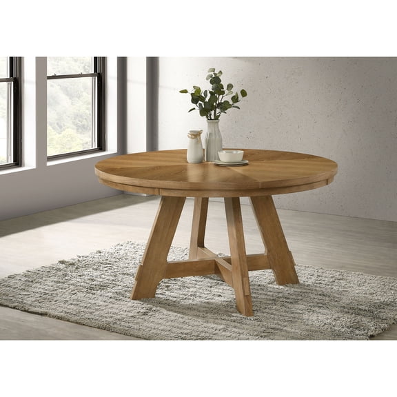 Dining Table, Round Brown Oak Wood with Starburst Veneer, 54-Inch Diameter and 30-Inch Height, Farmhouse X-Cross Flared Legs, Seats 4, for Kitchen and Dining Room Settings
