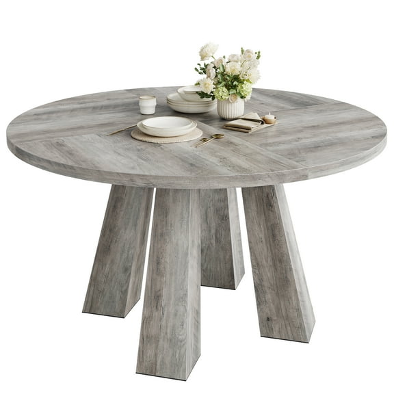 Dining Table, Round Dining Table 47" Farmhouse for 4-6 - Engineered Wood, Pedestal Base, Herringbone Top for Kitchen Living Room, Washed Grey