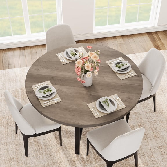 Dining Table, Round Dining Table 47" for 4-6 Industrial - Metal X-Base, Rustic Wood Top, Under-Shelf Storage for Kitchen Dining Room, Classic Gray
