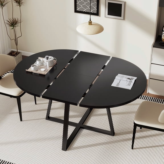 Dining Table, Round Dining Table, Extendable Dining Table for Kitchen, Oval Dining Room Table, 43.3"-59", Black