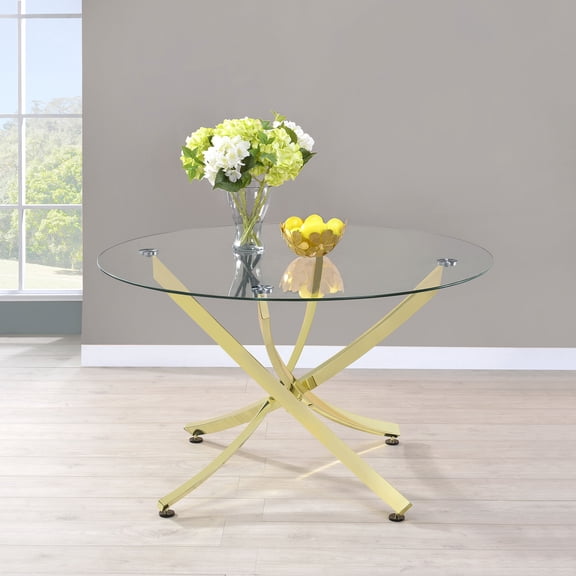 Dining Table, Round Glass Top with Brass Metal Legs, Modern Sophisticated Design for Dining Room, Clear and Gold Finish, 46"L x 46"W x 29.5"H, Durable and Easy to Maintain Surface