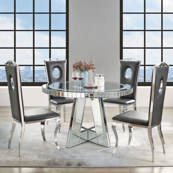 Dining Table, Round Mirrored Glass Table with Crushed Diamond Crystal Top and Reflective Silver Base, Modern Circle Kitchen Table for 4 People, Luxury Dining Room Furniture