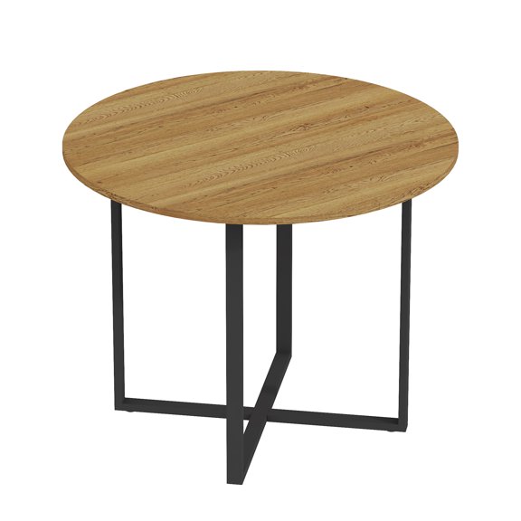Dining Table, Round Oak Wood Grain MDF Top with Black Metal Legs, Water and Scratch Resistant Melamine Finish, Compact Circular Design for Kitchen, Living Room or Office, Wood Color