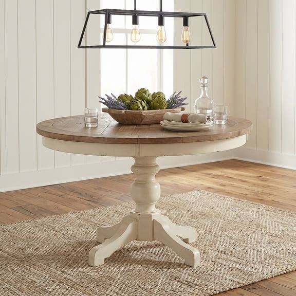 Dining Table, Round Solid Pine Wood and MDF Pedestal Table with X-Base, Seats 4, Antique White and Distressed Oak Two-tone Finish, Rustic Farmhouse Style for Kitchen and Dining Room