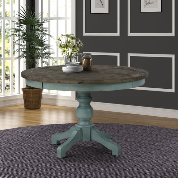 Dining Table, Round Solid Pine Wood and MDF, Two-Tone Antique Blue and Coffee Brown Finish, Pedestal Base with X-Shaped Support, Seats 4, Rustic Farmhouse Style for Kitchen or Dining Room