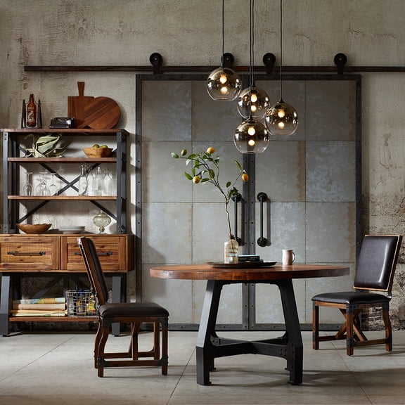 Dining Table, Round Solid Wood Construction with Adjustable Height for Dining and Gathering, 54" Diameter, Walnut Finish with Graphite Accents, Seats 6, for Dining Room or Kitchen