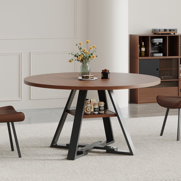 Dining Table, Round Solid Wood Kitchen Table with Walnut Brown Finish, 115cm Diameter Circular Pedestal Table for Dining Room and Living Room, Durable Luxury Wood Furniture Design