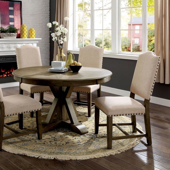 Dining Table, Round Solid Wood Pedestal Base with Light Oak Finish, 54" Diameter x 30" Height, Seats 4, Contemporary Rustic Style for Dining Room, Single Table Only, Beige Tones
