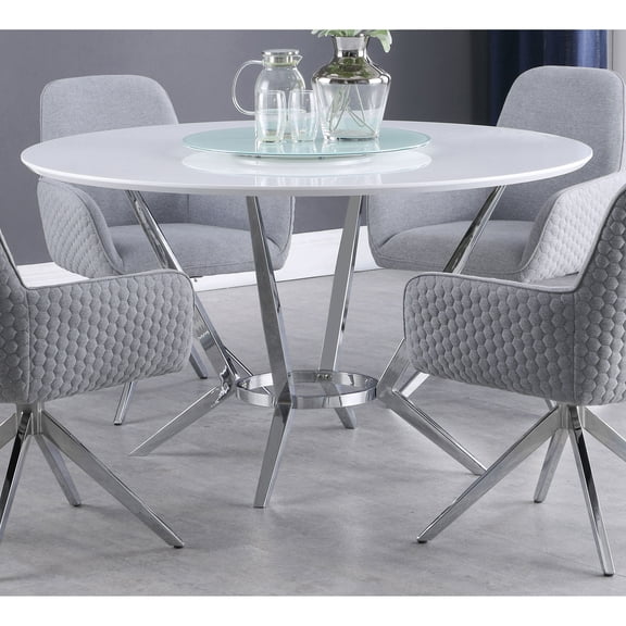 Dining Table, Round White High Gloss Finish with Removable Tempered Glass Lazy Susan, Contemporary Chrome Metal Boomerang Legs, 54" x 54" x 30", Seats 4, for Kitchen and Dining Room