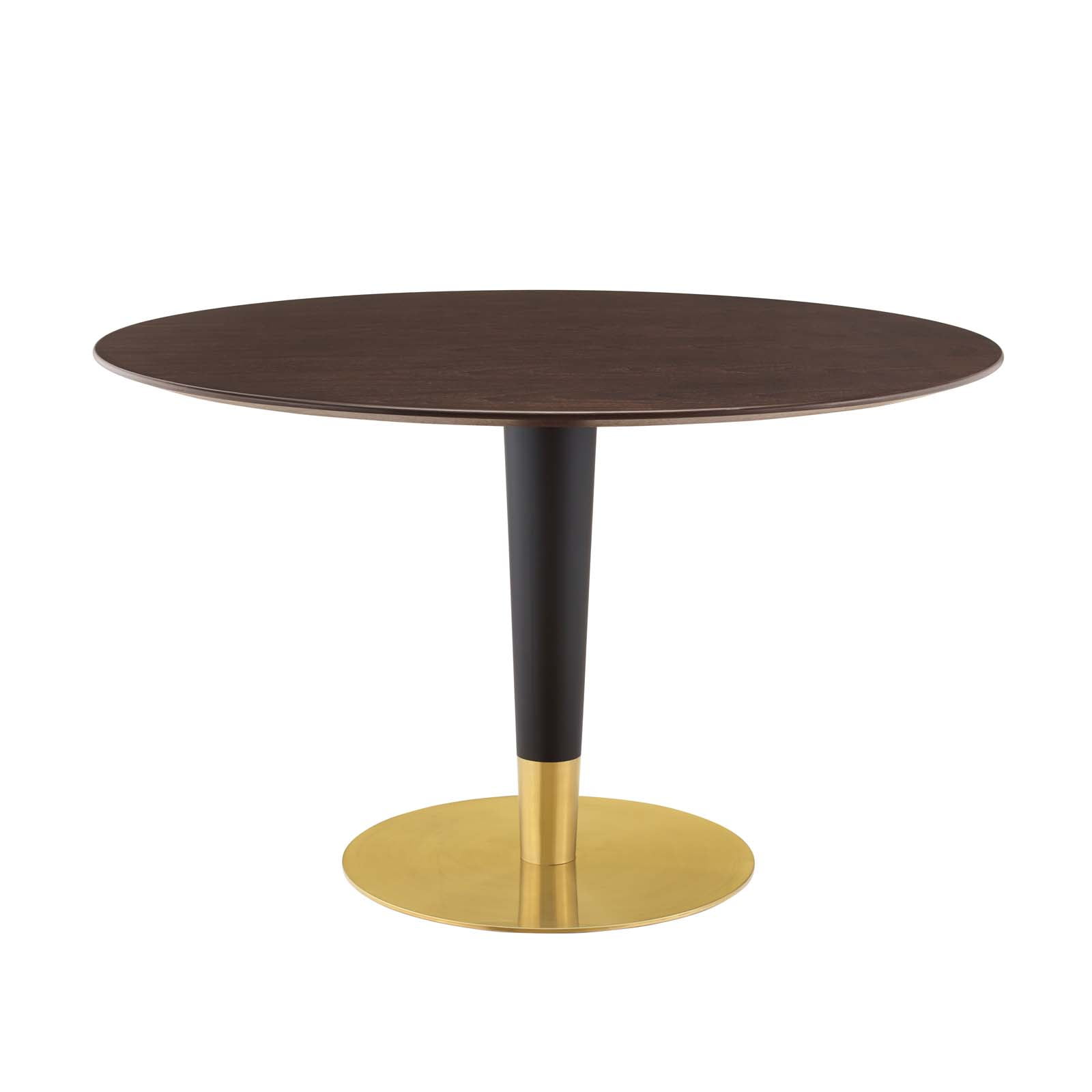 Dining Table, Round, Wood, Metal Steel, Gold Dark Brown Brown Walnut, Modern Contemporary Urban Design, Kitchen Room Cafe Bistro Restaurant Hospitality