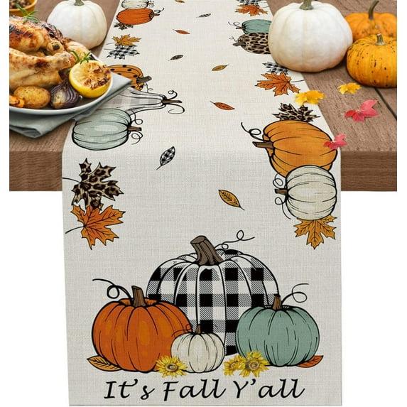 Dining Table Runner Dresser Scarves, Thanksgiving Fall Funny Pumpkin Linen Texture Table Runners 90 inches Long,Washable Farmhouse Table Runners for Wedding Party Holiday Dinner Table Decoration