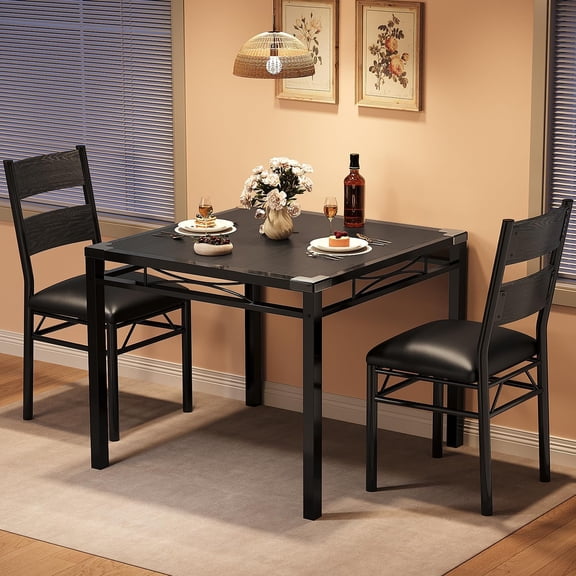 Dining Table Set for 2 with 2 Upholstered Chairs, Compact Kitchen Dinette Set, Space-Saving Tuck-Under Chair Design, MDF Wood-Look Top with Iron Frame and Cross Bracing,Easy Assembly,Black