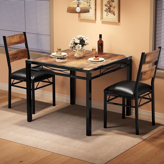 Dining Table Set for 2 with 2 Upholstered Chairs, Compact Kitchen Dinette Set, Space-Saving Tuck-Under Chair Design, MDF Wood-Look Top with Iron Frame and Cross Bracing,Easy Assembly,Retro
