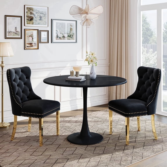 Dining Table Set for 2, 31.5" Round Table with All-Metal Tulip Pedestal Table, Velvet Nailhead Trim Chairs with Stainless Steel Legs, Modern Kitchen Dining Set for Apartment, Small Spaces, Gold Black
