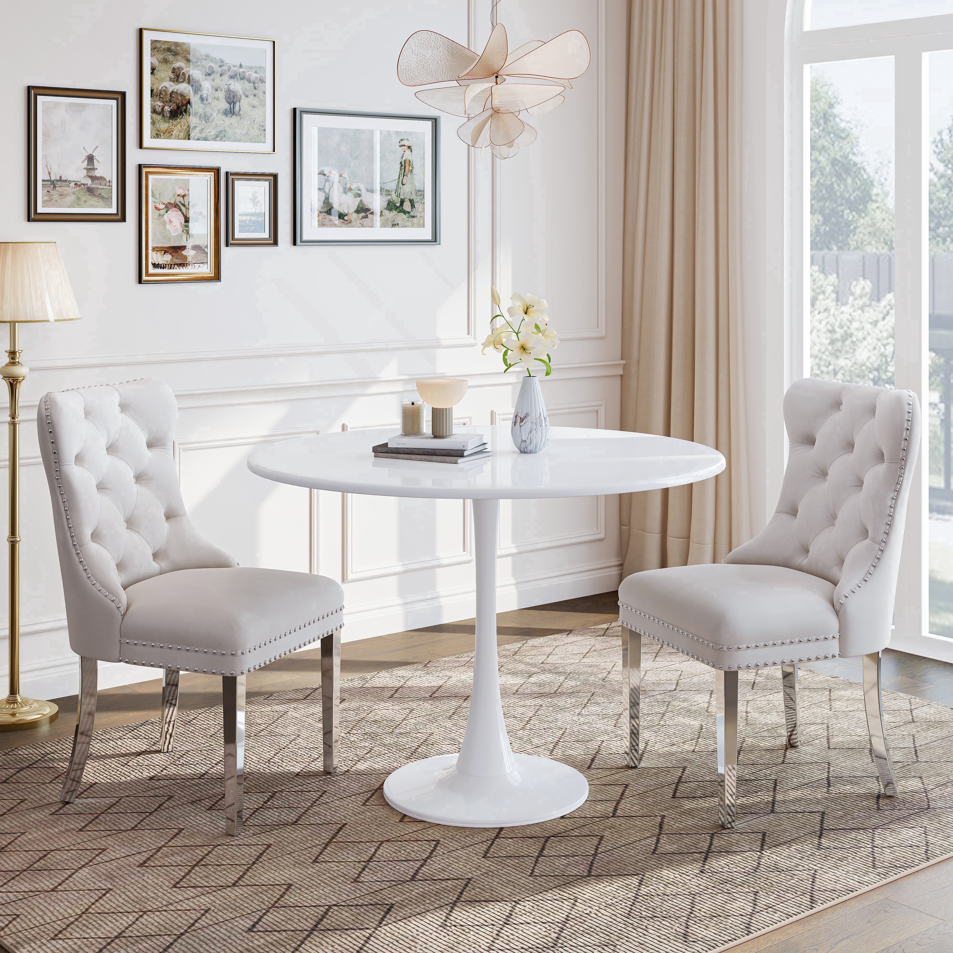 Dining Table Set for 2, 31.5" Round Table with All-Metal Tulip Pedestal Table, Velvet Nailhead Trim Chairs with Stainless Steel Legs, Modern Kitchen Dining Set for Apartment, Small Spaces, White